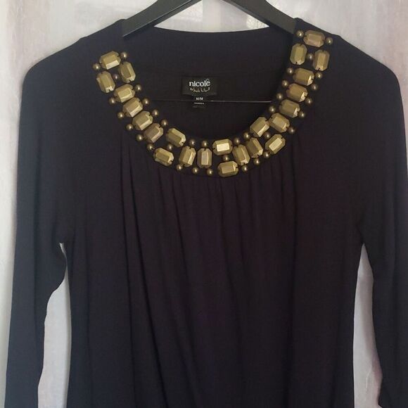 Nicole Miller Shirt Top Size M Black 3/4 Sleeve Layered Front Gold Embellishment - Picture 3 of 13